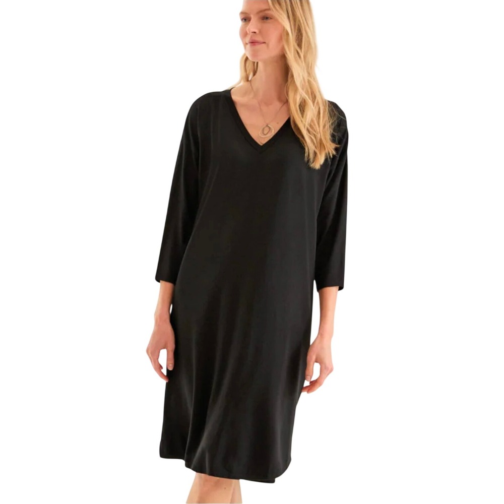 Eileen Fisher Black V-Neck 3/4 Sleeve Jersey Midi Dress Size M Minimalist LBD